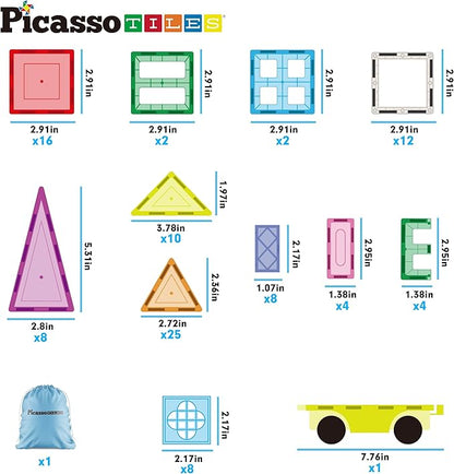 PicassoTiles Magnetic Tiles 101pc Magnet Tile Building Blocks Construction Sensory Toy Set with Storage Carry Case Drawstring Bag STEM Kids Learning Educational Pretend Play Boy Girl Ages 3+ & Up PT06