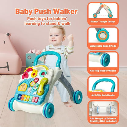 Sit to Stand Baby Walker, Activity Center with Music and Light, Kids Microwave Toy with Light and Sound, Realistic Toy Kitchen Appliances