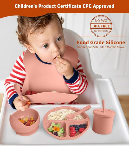 ECLIP Silicone Baby Feeding Set, 10 Pcs Baby Led Weaning Supplies with Suction Bowl Divided Plate Adjustable Bib Soft Spoon Fork Snack Cup with Lid Drinking Cup, Utensil (Brick Red)