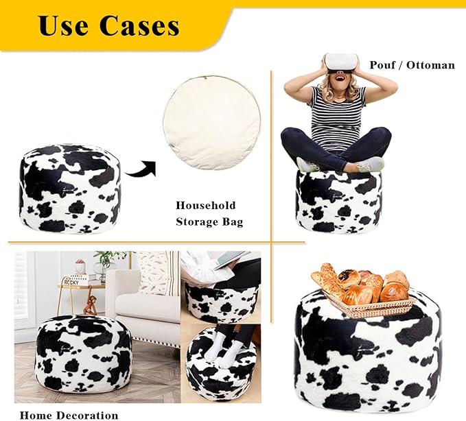 Asuprui Pouf Ottoman Unstuffed, Faux Rabbit Fur Cover, No Filler, 18" Round, Black and White