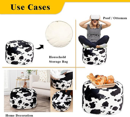 Asuprui Pouf Ottoman Unstuffed, Faux Rabbit Fur Cover, No Filler, 18" Round, Black and White