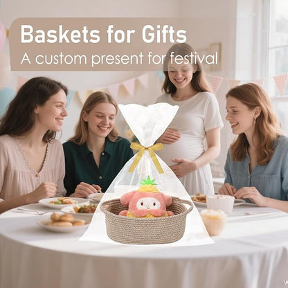JMvicyroam Woven Basket,Small Rope Storage Bin with Handles & Ribbon Bag, Organizer for Shelves Closets,Gift Basket Empty for Birthday,Books,Dog Toys,Oatmeal/3 Pack