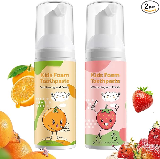 Foam Toothpaste Kids,Foaming Toothpaste Kids for U Shape Toothbrush,Travel Friendly,Deeply Cleaning Gums,Kids Oral Care Toothpaste,2PCsx60ml (Strawberry &Orange)
