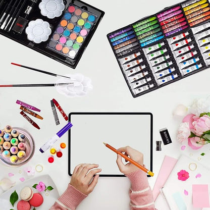 KINSPORY Art Supplies, 139 Pack Painting Drawing Art Kit with 2 Sketch Pads, Double Layers Art Set Crafts, Colored Pencils, Oil Pastels, Watercolor Paints, Aluminum Gift Case for Artists Kids (Pink)