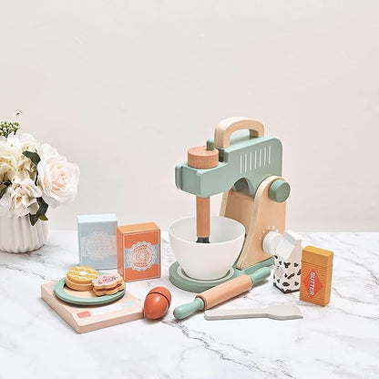 Play Kitchen Accessories, Pretend Play Food Sets for Kids Kitchen, Wooden Toy Mixer Set, Blender Bake Cookies Playset Cooking Kitchen Accessories Toys for Boys Girls Ages 3+