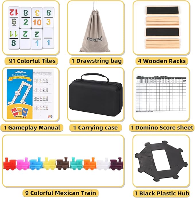 Mexican Train Dominoes Set Numbers and 4 Wooden Racks,Double 12 Travel Domino Train Game with 91 Colored Tiles and Protable Case, Number Domino Set for Kids, Adults Family Board Team Games
