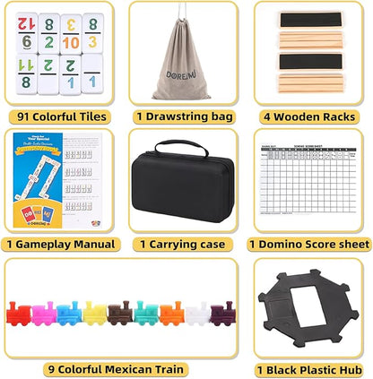 Mexican Train Dominoes Set Numbers and 4 Wooden Racks,Double 12 Travel Domino Train Game with 91 Colored Tiles and Protable Case, Number Domino Set for Kids, Adults Family Board Team Games