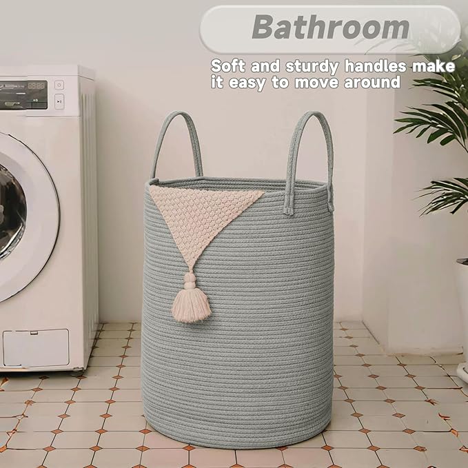 JMvicyroam Large Woven Laundry Basket Hamper,100L Cotton Rope Storage Bin for Blankets,Toys and Clothes,Decorative Tall Nursery Hamper for Living Room,Baby Nursery,Bathroom and Bedroom,Grey