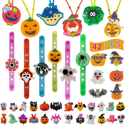 Halloween Party Favors for Kids - 42 PCS LED Halloween Light Up Toys including Necklaces Rings Bracelets Brooches,Glow in the Dark Halloween Decorations,Halloween Treats Non Candy Goodie Bag Fillers
