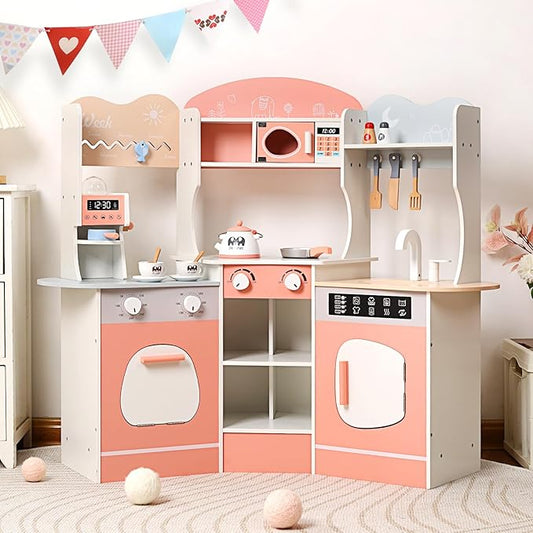 CUTE STONE Wooden Play Kitchen for Kids, Toddler Kitchen Playset with Coffee Machine, Cookware Accessories, Play Sink, Toy Kitchen Set for Boys Girls