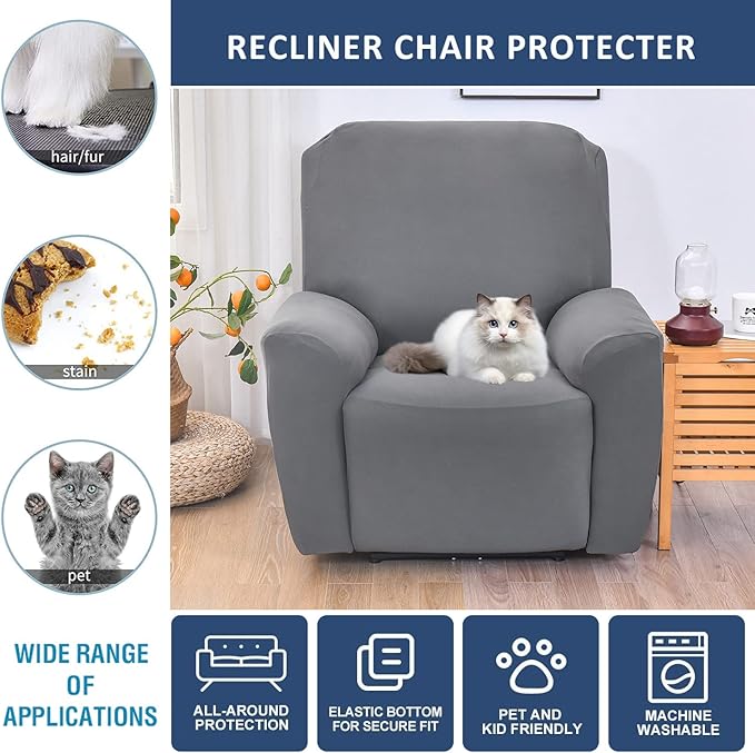 NILUOH Stretch Recliner Cover 4 Pieces Electric Power Lift Recliner Chair Cover Reclining Couch Cover Anti-Slip Fitted Furniture Protector with Side Pocket