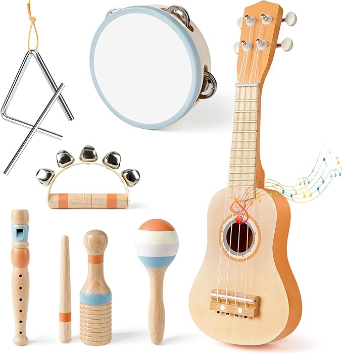 Vanplay Kids Guitar Set - Montessori Toys for 2 3 Year Old Boy Girls Birthday Gifts, 7 in 1 Musical Instruments for Toddlers 2-4, Band Sets with Ukulele/Flute/Tambourine/Maracas Toys for Kids 3-5