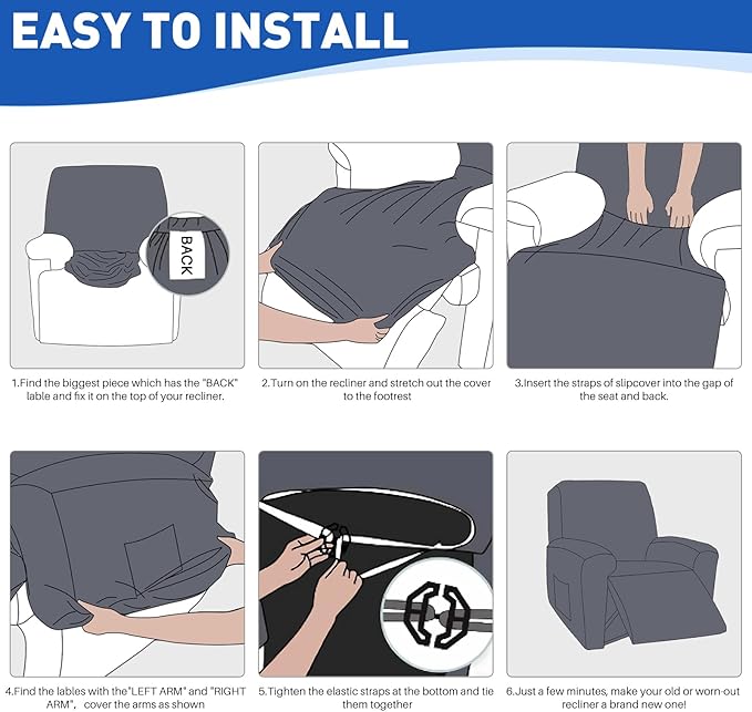 MAXIJIN Waterproof Recliner Covers for Large Recliner 3 Pieces Oversized Recliner Chair Covers, Washable Lazy Boy Reclining Slipcovers with Pockets for Pet, Kids (XL Recliner, Navy Blue)