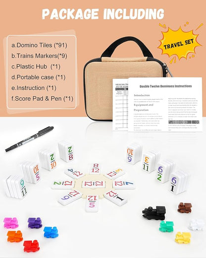 KAILE Mexican Train Dominoes Set with Numbers, Double 12 Dominoes Set, 91 Tiles Colored Dominoes Train Games for Family Night, Travel, Party