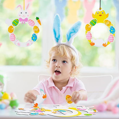Fennoral 6 Pack Easter Wreath Craft Kit for Kids Make You Own Bunny Chick Wreath Foam Sticker Ornament DIY Easter Arts and Crafts for Art Activities Spring Easter Decoration Supplies