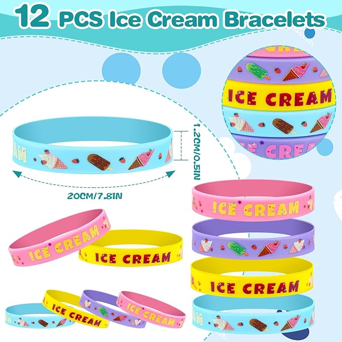 110 PCS Ice Cream Party Favors Set - Fun and Colorful Party Supplies for Kids, Includes Drinking Straws, Wristbands, Macaron Bubble Wands, Stamps, Keychains, and Stickers