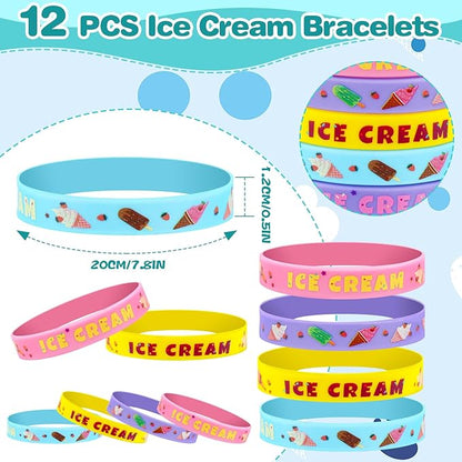 110 PCS Ice Cream Party Favors Set - Fun and Colorful Party Supplies for Kids, Includes Drinking Straws, Wristbands, Macaron Bubble Wands, Stamps, Keychains, and Stickers