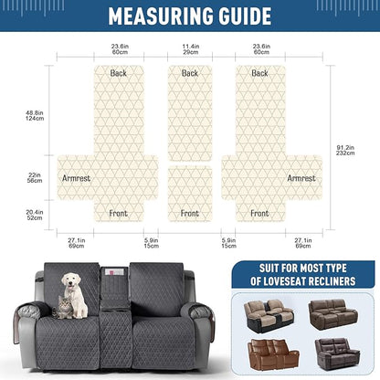 TAOCOCO 100% Waterproof Recliner Cover -Loveseat Recliner Cover with Center Console,Non-Slip Reclining Couch Covers for 2 Seat,with Elastic Straps Pocket for Kids, Dogs(Black Gray, 2 Seater XL)