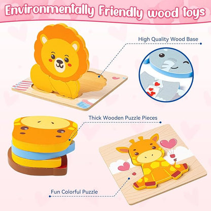 Wooden Puzzles for Toddlers 1-3, 4 Pack Wooden Puzzles with Animals Design, Birthday Gift for Boys Girls, Kids Party Favors Gifts - Educational Preschool Classroom Toys