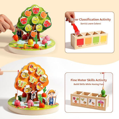 INIFEIDALA Montessori Wooden Preschool Educational Toy Ages 3-5 - Apple Picking Magnetic Fruit Tree, Shape Color Sorter, Carrot Harvest & Fishing Game - Fine Motor Skills Development