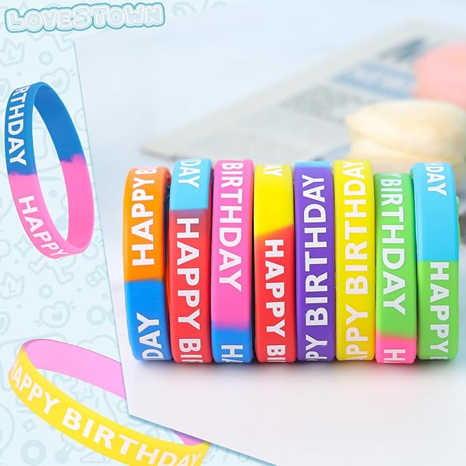 LovesTown 24PCS Happy Birthday Rubber Bracelets, Silicone Stretch Wristbands for Kids Party Supplies