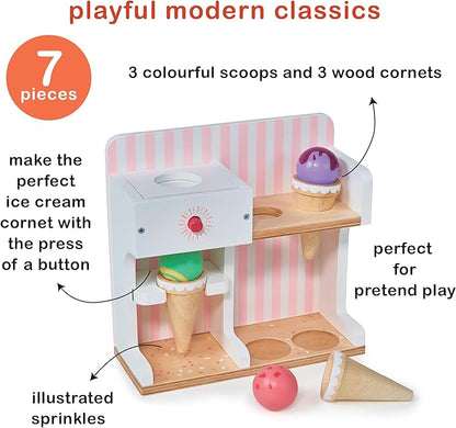 Mentari Toys - Ice Cream Kiosk - 7pc Wooden Play Shop with Cornets & Scoops - Press & Drop Feature - Pretend Play Toy for Toddlers - Encourages Creativity, Fine Motor Skills & Social Play - Age 3+