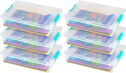 IRIS USA 6 Qt. Craft Storage Bins with Lids, 6-Pack, |Made in USA|, Clip Box, Small Plastic Sensory Bin Tote Organizer Containers for Art Supplies, Paper, & Office, Stackable - Clear/Seafoam Blue