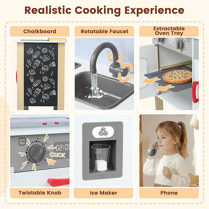 Play Kitchen Wooden Kids Kitchen Playset Pretending Toys for Toddlers with Real Lights & Sounds, 3 Heights Adjustable, Chalkboard, 35Pcs Toy Food & Cookware Accessories-Gray