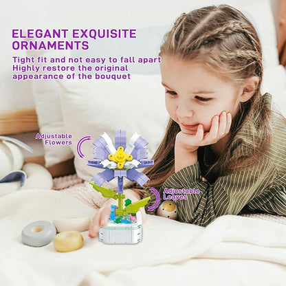 Flower Bouquet Building Set with Base, Flower Building Set Artificial Plant Flowers Building Blocks for Home Office Decor, Birthday Gifts, Desktop Trinkets Age 6+