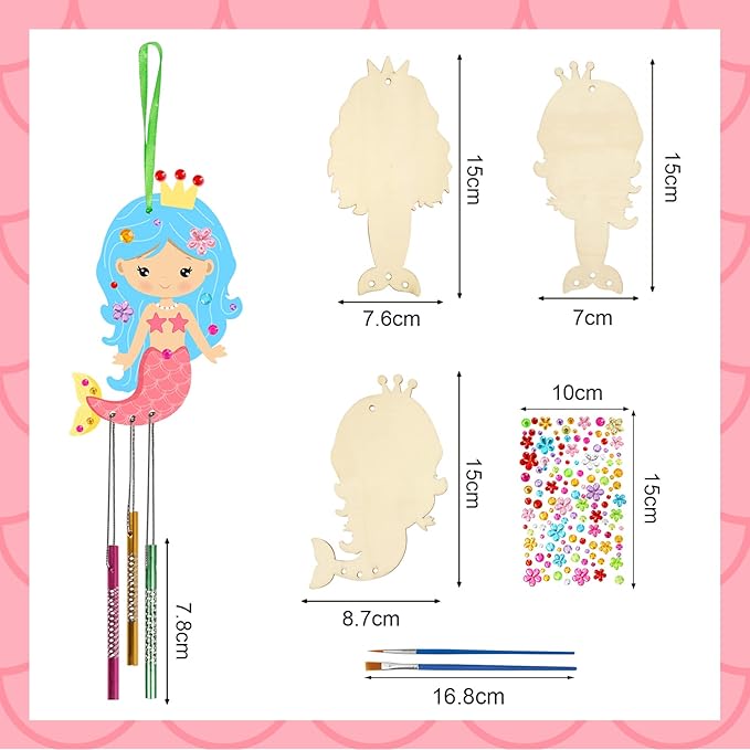 Fennoral 9 Pack Mermaid Wind Chime Kit for Kids Make Your Own Wind Chime Wooden Arts and Crafts for Girls Boys Ornaments DIY Coloring Mermaid for Summer Art Activity Birthday Party Decoration