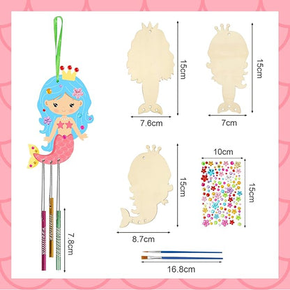 Fennoral 9 Pack Mermaid Wind Chime Kit for Kids Make Your Own Wind Chime Wooden Arts and Crafts for Girls Boys Ornaments DIY Coloring Mermaid for Summer Art Activity Birthday Party Decoration