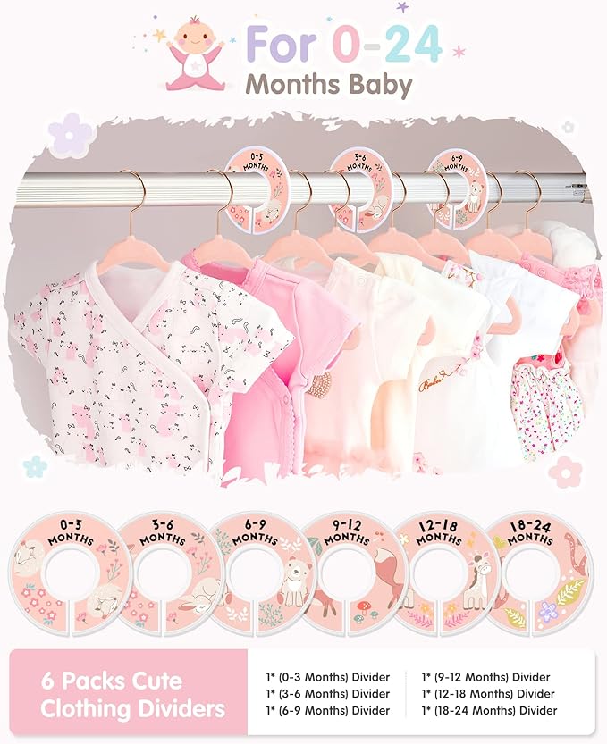 Baby Hangers, VIS'V 11 Inch Pink Velvet Kids Hangers with 6 Pcs Size Dividers Non Slip Nursery Children Closet Clothes Hangers for Infant Toddler Girls and Boys 30 Pcs