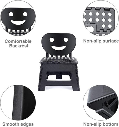 ACSTEP Folding Step Stool with Back Support for Kids,9" Kids Step Stool for Outdoor or Indoor Kitchen Step Stools and Bathroom Stool for Toddlers Boys Girls - Black