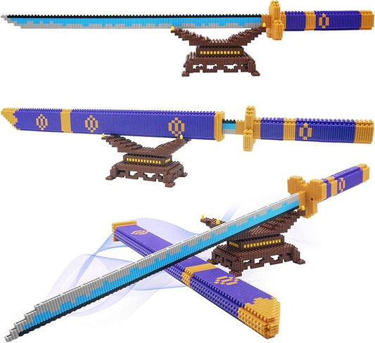 Cosplay Anime ONE Piece Zoro Swords Building Blocks Set, 22.8in Samurai Katana Zoro Sword Building Blocks with Scabbard & Stand, Cartoon Roronoa Yamato Sword Model