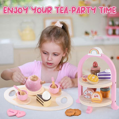 Atoylink Wooden Tea Party Set for Little Girls Toys Kids Play Kitchen Toddler Tea Set with Play Food & Cupcake Stand Pretend Play Wooden Toys for 2 3 4 5 6 Year Old Girl Christmas Birthday Gift, Pink