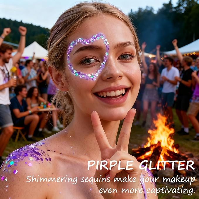 Hair Face Body Glitter Set for Women, White Silver Purple Holographic Mermaid Sequins Chunky Glitter Makeup for Music Festival Rave Accessories, Christmas, Wedding, New Year, Prom