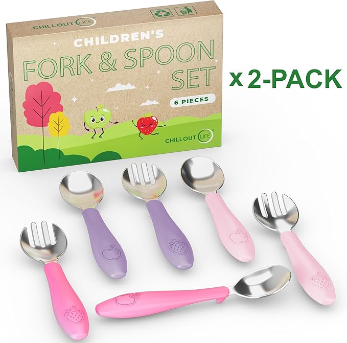 CHILLOUT LIFE Toddler Utensils, Kids Silverware with Silicone Handle, Stainless Steel Metal Toddler Forks and Spoons Safe Baby Cutlery Set for Self Feeding BPA Free Dishwasher Safe - 12 Piece