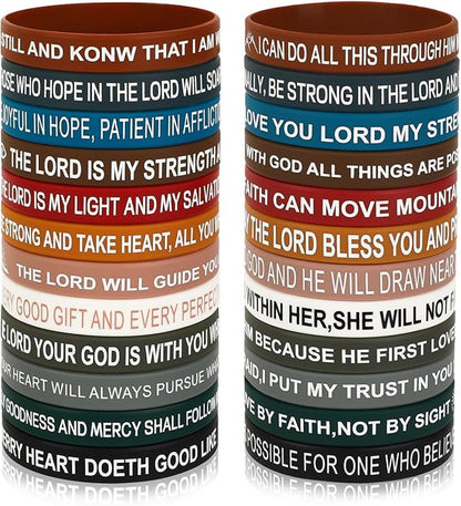 JUNEBRUSHS Bible Verse Bracelets, 24pcs Inspirational Christian Faith Hope Jesus Silicone Bracelets Wristbands for Men Women Party Christian Gifts Supplies(24 Designs)