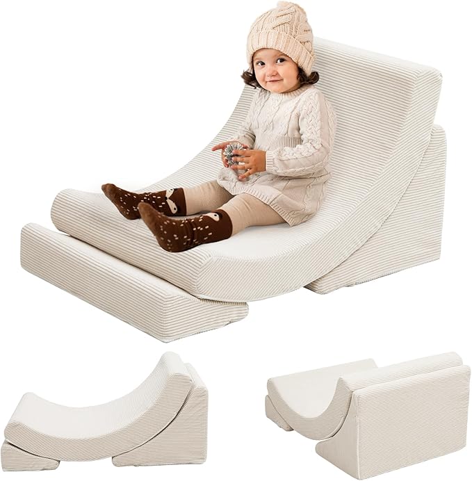 Toddler Chair Comfy Sofa, Adjustable Leg Elevating Pillow Sensory Rocker Foam Chaise Lounge Sofa Bed Comfy Floor Chair Moon Chair Reading Nook Recliner for Bedroom Playroom,Beige