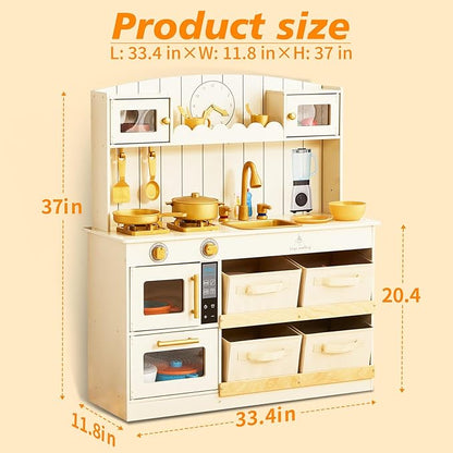 Play Kitchen for Kids, Wooden Play Kitchen with Fabric Storage Bins, Sink and Burner, Microwave Oven, Toy Kitchen Set with Plenty of Play Features Accessories, Gifts for Ages 3-8