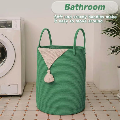 JMvicyroam Large Woven Laundry Basket Hamper,100L Cotton Rope Storage Bin for Blankets,Toys and Clothes,Decorative Tall Nursery Hamper for Living Room,Baby Nursery,Bathroom and Bedroom,Dark Green