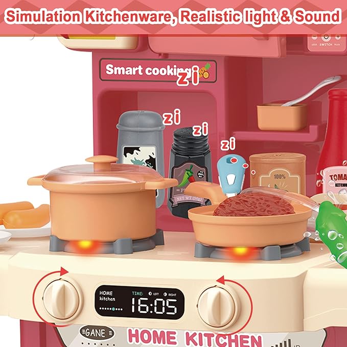 deAO Kids Kitchen Playset 35PCS Play Kitchen Toys Accessories with Sounds Lights,Cooking Stove Steam,Pretend Play for Toddler Aged 3 4 5 6 7 8 Years (Red)