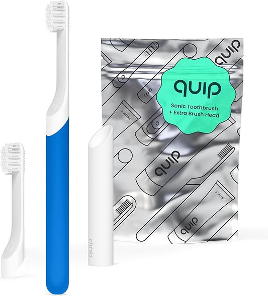 Quip Sonic Toothbrush for Kids with Timer - Includes Extra Brush Head and Travel Cover Mount - Electric, Soft Bristle Refill Head, Rubber Handle, 3 Month Battery Life - Travel Toothbrush - Blue