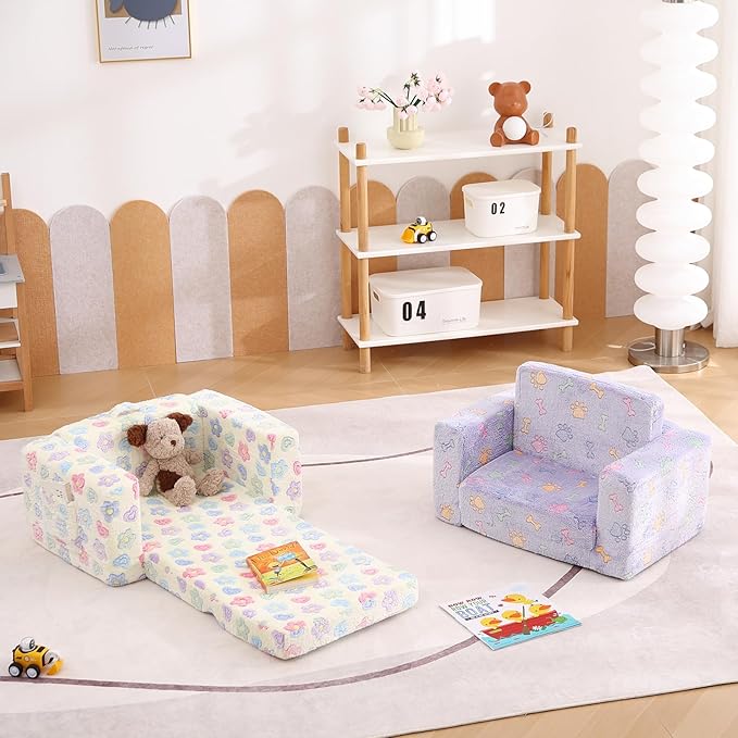 Tiita Kids Sofa, 2-in-1 Kids Sofa Chair, Convertible Children Couch to Lounger, Flip Out Kids Sofa Chair, Toddler Armrest Chair Bed, Folding Kids Play Sofa for Girl or Boy, White Flower