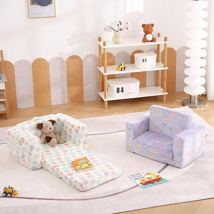 Tiita Kids Sofa, 2-in-1 Kids Sofa Chair, Convertible Children Couch to Lounger, Flip Out Kids Sofa Chair, Toddler Armrest Chair Bed, Folding Kids Play Sofa for Girl or Boy, White Flower