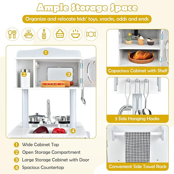 HONEY JOY Kids Kitchen Playset, Double Side Little Chef Play Kitchen for Toddlers, Oven & Sink, Ice Cube Dispenser, Utensils, Microwave, Storage Cabinet, Wooden Pretend Play Toy Kitchen Set, Gray