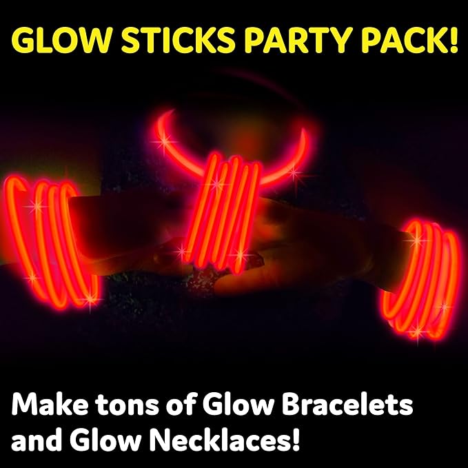 PartySticks Red Glow Sticks Party Supplies 100pk - 8 Inch Glow in The Dark Light Up Sticks Party Favors, Glow Party Decorations, Neon Party Glow Necklaces and Glow Bracelets with Connectors