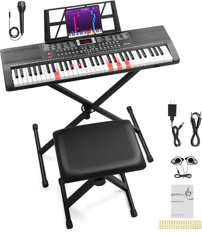 Ktaxon 61 Key Keyboard Piano Electric Keyboard, Electric Piano Set with Headphones, Microphone, Music Rest, Power Adapter, Piano Stand, Piano Bench and Manual (Compact X Stand-Black w/Lighted Keys)