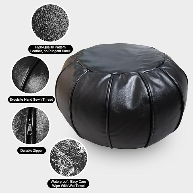 Louis Donné Unstuffed Ottoman Pouf Cover, Supersoft Handmade Faux Moroccan Decor, Small Bean Bag for Storage Solution, Foot Stool for Foot Rest, Footstools for Balcony Office Indoor 21dia Black