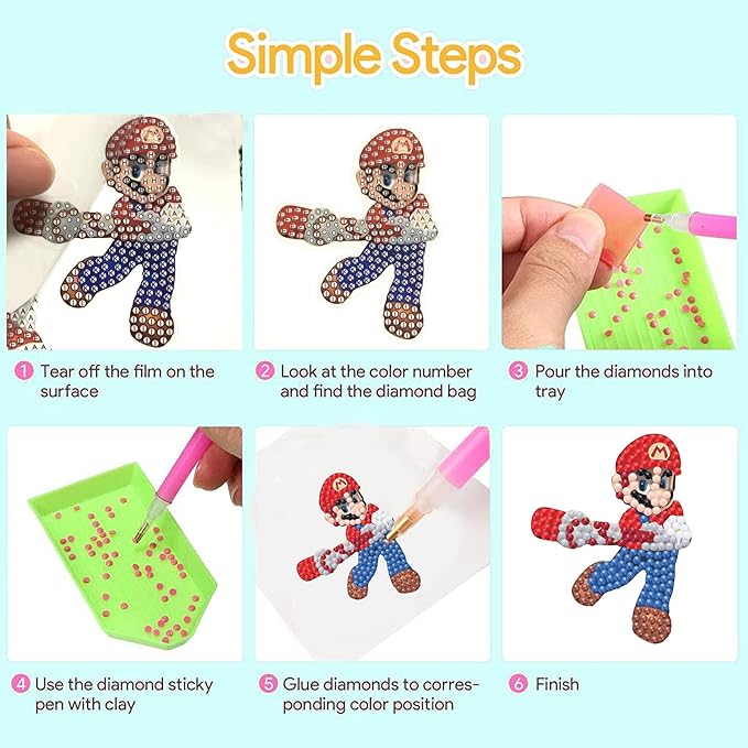 16 Pcs Diamond Art Stickers Kits for Kids, DIY Cartoon Paint by Numbers Diamonds Mosaic Stickers for Kids Arts Diamond Craft Stickers for Kids and Adult Beginners